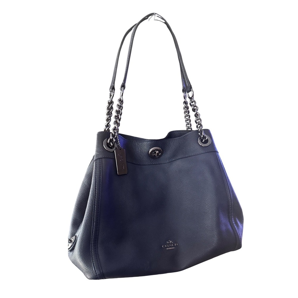 Coach‎ Edie Dark Navy Pebbled Leather Hobo Gunmetal Chain Turnlock EUC  11x13x5"